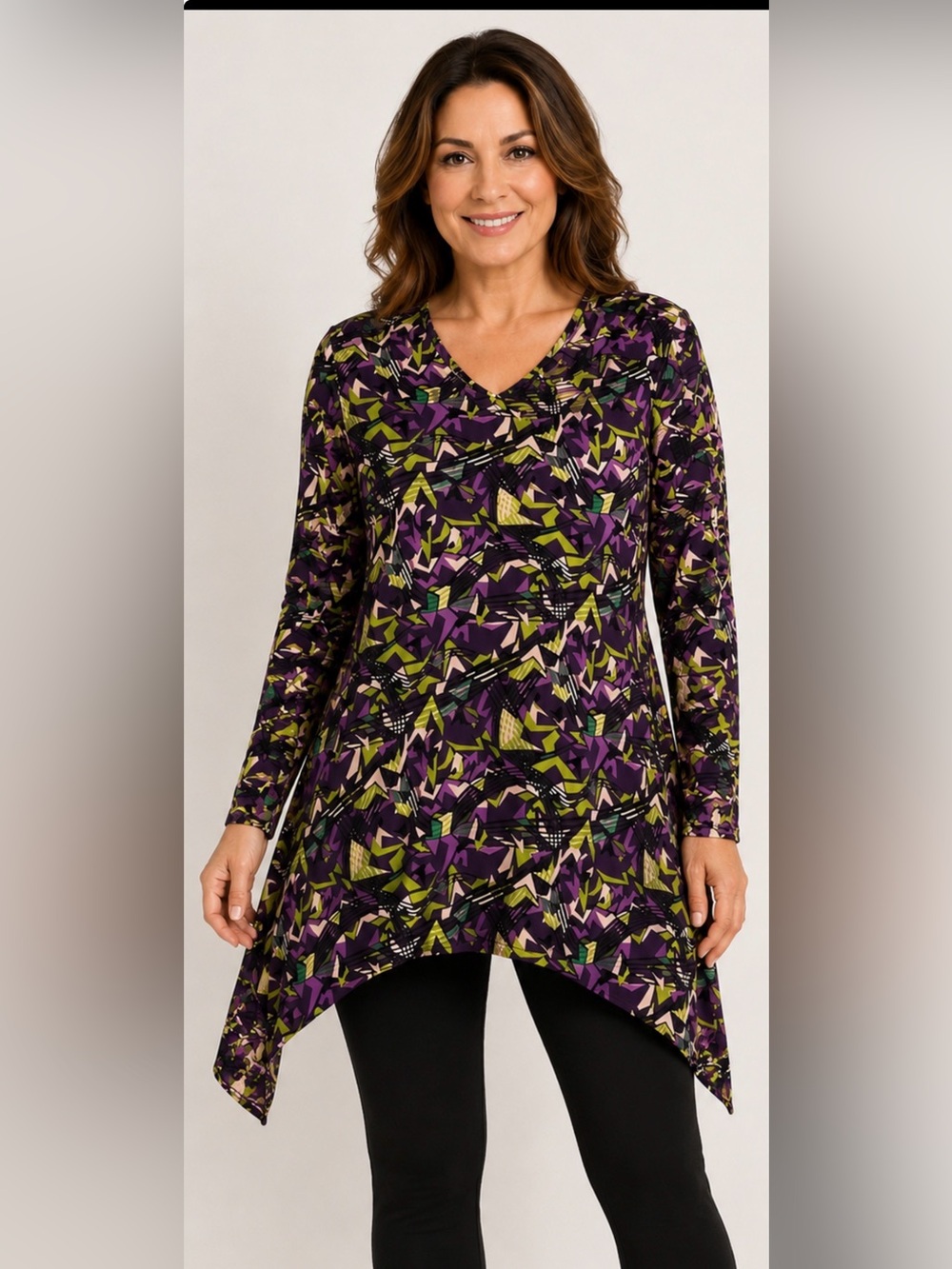 Abstract Geometric Print Shark Bite Hem Tunic Top Purple Green A-Line 3X